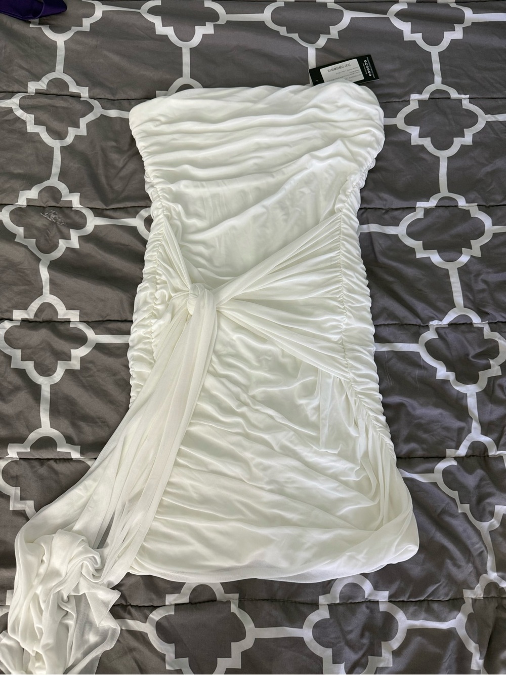 Strapless White Ruched Knot-Front Dress